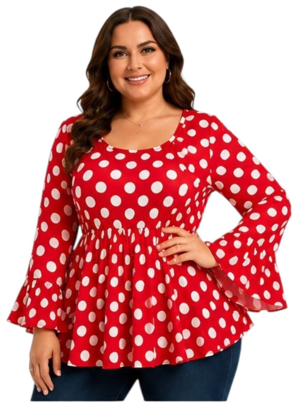 Plus Size 20 Red White Polka Dot Peplum Tunic Bell Sleeve Blouse
